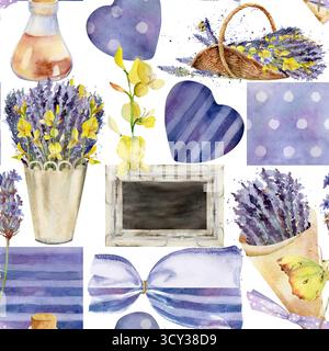 Panneau de tableau noir dans un cadre rustique, panier de trug à balai espagnol lavande, sacs en sachet, morceaux de lin et coeurs avec des rayures, des points, flacon d'huile essentielle. Main Banque D'Images