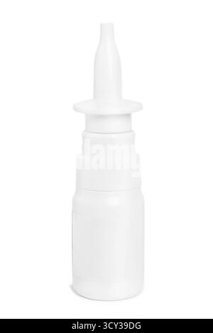 Flacon blanc en plastique pour pulvérisation nasale à usage médical isolé sur blanc Banque D'Images