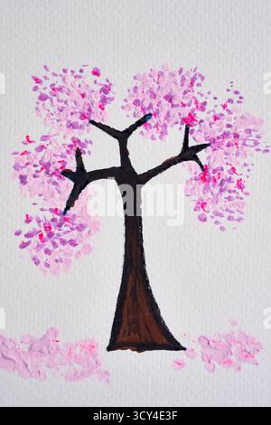 Une belle et minimaliste peinture d'un cerisier japonais en fleurs (Sakura) en pleine floraison, avec des pétales tombant au sol. Un symbole de printemps, R Banque D'Images