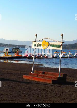 Les bateaux cygnes se sont alignés sur le lac Yamanaka sous un ciel d'automne clair avec Mt. Signe Fuji au bord du lac photo spot au Japon Banque D'Images