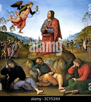 L'agonie dans le jardin 1492 Pietro Perugino 1446/1452 - 1523 né Pietro Vannucci, peintre italien de la renaissance de l'école ombrienne, Italie ( Le Christ est dépeint dans centre du panneau au-dessus d'un ciel clair, à genoux dans le jardin de Gethsémané et de réception par un ange un divin calice. Sa figure forme un triangle avec les trois apôtres à dormir en bas (à partir de la gauche, John, Peter et James) ; le triangle est connecté à l'peinture côtés par la ligne symétrique sur les collines. Derrière Jésus est un lac paysage, un élément typique de la peinture italienne à l'époque, avec une ville fortifiée Banque D'Images