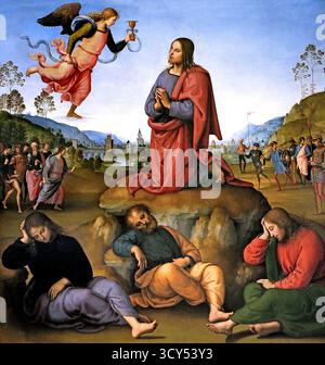 L'agonie dans le jardin 1492 Pietro Perugino 1446/1452 - 1523 né Pietro Vannucci, peintre italien de la renaissance de l'école ombrienne, Italie ( Le Christ est dépeint dans centre du panneau au-dessus d'un ciel clair, à genoux dans le jardin de Gethsémané et de réception par un ange un divin calice. Sa figure forme un triangle avec les trois apôtres à dormir en bas (à partir de la gauche, John, Peter et James) ; le triangle est connecté à l'peinture côtés par la ligne symétrique sur les collines. Derrière Jésus est un lac paysage, un élément typique de la peinture italienne à l'époque, avec une ville fortifiée Banque D'Images
