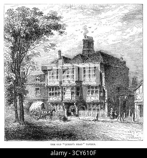 Gravure du XIXe siècle de l’extérieur de la taverne Old Queen’s Head à Islington, au nord de Londres. Il a été reconstruit en 1829, lui donnant un extérieur du XIXe siècle, tout en conservant une cheminée sculptée du XVIIe siècle. Le bâtiment de trois étages est en briques jaunes flamandes avec une corniche en stuc ; un parapet à gradins obscurcit le toit incliné. Banque D'Images