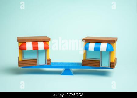 Comparaison de deux entreprises. Comparez les magasins et les marques. Chaînes de vente au détail concurrentes. Concurrence sur le marché, stratégie commerciale et choix des consommateurs. Marketin Banque D'Images