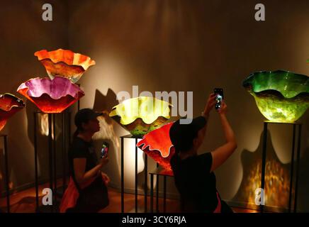 SEATTLE - APR 25, 2025 - photographe femme capturant des œuvres d'art en verre vibrantes à l'aide d'un smartphone tout en explorant l'exposition contemporaine, l'expérience c Banque D'Images