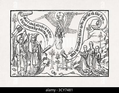 Gravure d'une scène religieuse montrant l'Ascension de l'âme au Christ, basée sur une gravure sur bois du XVe siècle tirée du chant des chansons Banque D'Images