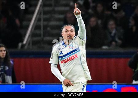 Paris, France. 17 octobre 2025. Diego MOREIRA de Strasbourg célèbre son but lors du match de football de Ligue 1 entre le Paris Saint-Germain et le Racing Club de Strasbourg Alsace le 17 octobre 2025 au stade Parc des Princes à Paris, France - photo Matthieu Mirville/DPPI crédit : DPPI Media/Alamy Live News Banque D'Images