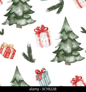 Motif aquarelle sans couture avec des arbres de Noël recouverts de neige, des boîtes cadeaux colorées avec des rubans et des branches de pin vert. Joli design festif sur fond blanc, pour le décor de vacances et le papier d'emballage Banque D'Images