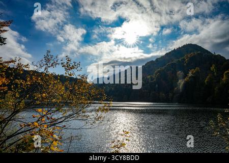 Vue sur le Hechtsee, Un lac de baignade populaire dans le Brandenberger Alpen près de Kufstein in Tirol, Österreich. Atmosphère automnale et arbres colorés Banque D'Images