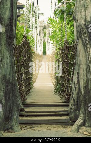 Sentier pittoresque en bois vide à travers le pont de corde sur l'île de Sentosa à Singapour Banque D'Images