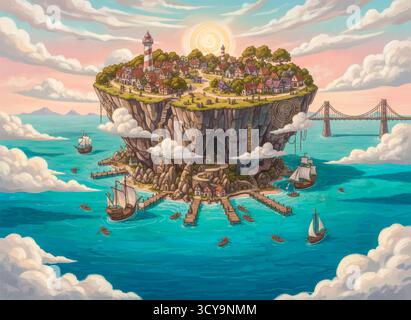 Illustration fantastique d'un port insulaire avec des navires pirates, phare et village flottant parmi les nuages. Banque D'Images