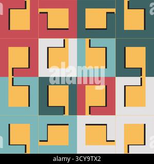 Ce modèle vectoriel sans couture affiche des formes en forme de crochet jaune ou de l avec des contours noirs sur un fond de grille coloré en rouge, sarcelle, cyan et blanc carré Banque D'Images