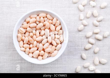Haricots blancs cuits, dans un bol blanc sur lin. Haricots cannellini bouillis et en conserve, haricots blancs conservés, une variété du haricot commun. Banque D'Images