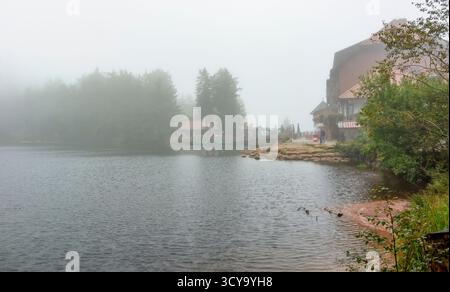 Paysage brumeux autour du Mummelsee, un petit lac à flanc de montagne ouest de la Hornisgrinde dans le nord de la Forêt Noire en Allemagne Banque D'Images