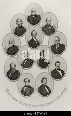 États-Unis. Guerre de Sécession (1861-1865). D'éminents adversaires du pouvoir esclave. De haut en bas et de gauche à droite : John Quincy Adams (1767-1848), Henry Ward Beecher (1813-1887), William Lloyd Garrison (1805-1879), William Cullen Bryant (1794-1878), John Greenleaf Whittier (1810-1903), Joshua R. Giddings (1795-1864), Wendell Phillips (1811-1839), Charles Sumner (1811-1874), Gerrit Smith (1797-1874), Cassius M. Clay (1811-1864), Benjamin Owen (1789-1884) et Benjamin Owen (1892-1807). Gravure de J.C. Buttre (1821-1893), vers 1864. Histoire des États-Unis, par J. A. Spencer. V Banque D'Images