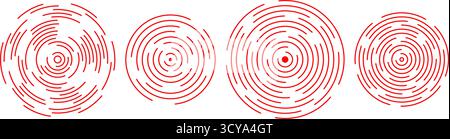 Ensemble de cercles concentriques radiaux rouges. Collecte de signaux d'ondes sonores. Eléments vibratoires expansifs vectoriels. Anneau ondulé, pointillé et pointillé pack pour épicentre, cible, radar, tremblement de terre onde de choc Illustration de Vecteur