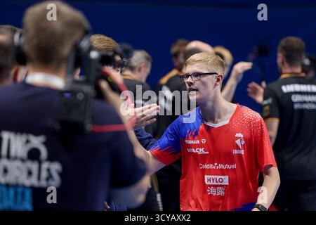 Zadar, Croatie. 18 octobre 2025. Felix Lebrun de France lors du match de demi-finale masculin du championnat d'Europe par équipes ETTU entre l'Allemagne et la France au Kresimir Cosic Sports Hall le 18 octobre 2025 à Zadar, Croatie. Photo : SIME Zelic/PIXSELL crédit : Pixsell/Alamy Live News Banque D'Images