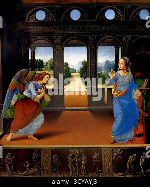 L'Annonciation (vers 1480–1485) par le maître florentin Lorenzo di Credi. L'œuvre capture le récit biblique classique mis en scène dans une élégante loggia classique s'ouvrant sur un jardin paysager, tandis qu'une prédelle monochrome très détaillée en bas illustre trois scènes pivots de la Genèse : la Création d'Ève, le Péché originel et l'Expulsion du Paradis. Le chef-d'œuvre original est conservé et exposé de manière permanente dans les Galeries des Offices à Florence, en Italie Banque D'Images