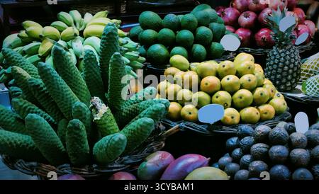 Marché coloré de fruits tropicaux avec paniers de mangues, bananes, cherimoyas, avocats et agrumes. Présentoir de produits frais avec étiquettes de prix. Idéal pour fo Banque D'Images