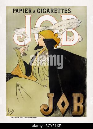 Affiche lithographique couleur Art Nouveau par Jane Atché d'une femme fumant une cigarette pour promouvoir le papier à cigarette D'EMPLOI. Banque D'Images