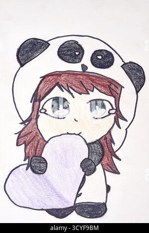 Un dessin original, fait à la main d'un personnage de style anime/manga kawaii. La jeune fille a les cheveux roux et porte un sweat à capuche d'ours panda tout en tenant un grand Banque D'Images