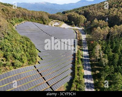 Un grand champ de panneaux solaires est visible d'en haut. Les panneaux sont disposés en rangées et couvrent une grande surface. Le ciel est clair et le soleil brille b Banque D'Images