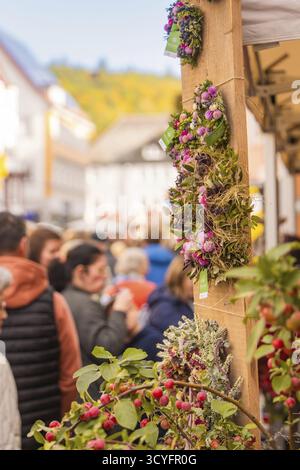Rue commerçante animée en automne, les gens se promenant entre les bâtiments modernes et les magasins colorés, festival de rue Urschelherbst, Nagold, Allemagne Banque D'Images