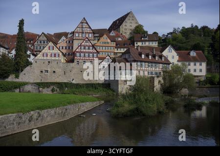 Vue depuis Grasboedele de Neubausaal et Haellisch-Fraenkisches Museum, HFM, Altstadt, Fachwerk, maison à colombages, Kochertal, Kocher, Hohenlohe, Bad Banque D'Images