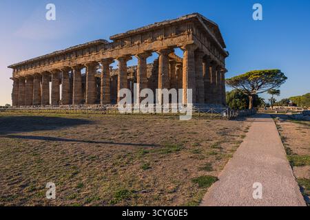 La lumière dorée du soir baigne les anciens temples grecs de Poséidon et Hera à Paestum, Campanie, Italie. Les tons chauds du coucher de soleil soulignent le Dor Banque D'Images
