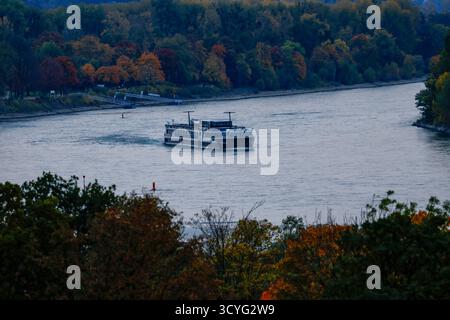 19 octobre 2025, Rhénanie du Nord-Westphalie, Königswinter : un bateau de croisière fluviale navigue sur le Rhin. Photo : Thomas Banneyer/dpa Banque D'Images