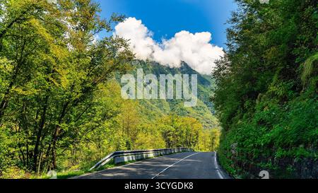 Une route qui traverse la vallée du circuit des célèbres cascades dans les Alpes du Nord de la Slovénie. Banque D'Images