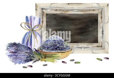 Bouquet de lavande noué avec ruban, signe de tableau noir vintage, graines de lavandula dans un bol en argile, sachet parfumé. Illustration isolée dessinée à la main Banque D'Images