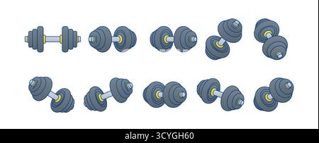 Illustration vectorielle de l'ensemble haltère dans un style minimal plat. Collection d'icônes haltères affichées sous différents angles et perspectives. Fitness Illustration de Vecteur