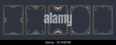 Cadres de carte de tarot doré ensemble isolé sur fond noir. Illustration vectorielle de modèles vintage pour affiches d'astrologie mystique décorées avec l mince Illustration de Vecteur