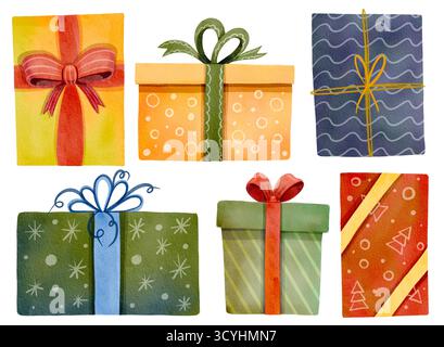 Ensemble festif avec coffrets cadeaux. Cadeaux de vacances multicolores et colorés. Illustration aquarelle. Convient pour les décorations de vacances, l'impression, les cartes, et Banque D'Images