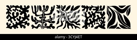 Végétation sous-marine avec formations coralliennes, frondes d'algues et silhouettes de plantes marines organiques dans un design noir audacieux. Formes botaniques du varech ramifié, structures récifales et feuillage aquatique coulant Illustration de Vecteur