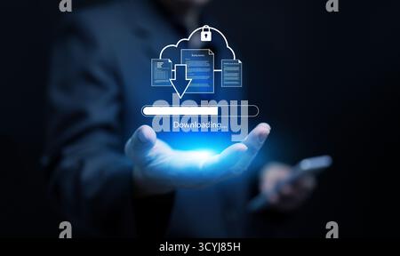 Concept moderne de téléchargement dans le cloud montrant les fichiers numériques transférés en toute sécurité grâce à la technologie virtuelle. Idéal pour des sujets comme la sauvegarde de données, netwo Banque D'Images