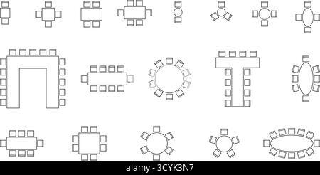 Ensemble d'icônes de plan de siège, Maison, restaurant, séminaire, école, vue de dessus, chaise et table, plan architectural avec plan, trait personnalisable, vecteur Illustration de Vecteur