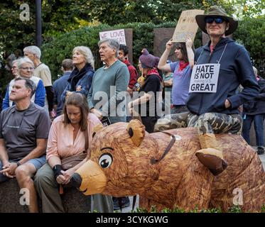 Asheville, États-Unis. 18 octobre 2025. Les manifestants défilent avec des pancartes lors du deuxième rassemblement « No Kings » - l'événement d'une journée est la plus grande action civile depuis cinquante-cinq ans aux États-Unis. Crédit : Gloria Good/AlamyLive News Banque D'Images
