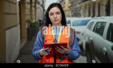Femme en gilet orange faisant du bénévolat dans une rue de la ville avec une planche à pince, cheveux bruns, expression concentrée, debout à côté de voitures garées et buil historique Banque D'Images