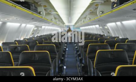 Cabine d'avion flou arrière-plan intérieur peu profond montrant des rangées de sièges en cuir et de bacs suspendus floues ; arrière-plan avec espace copyspace calme. Banque D'Images