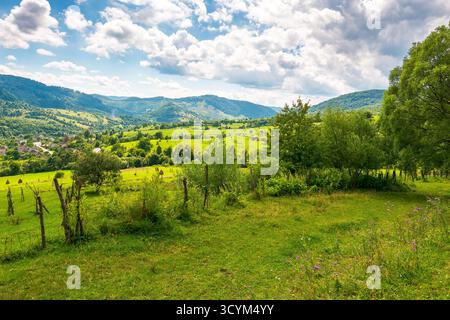 champs ruraux sur les collines de l'ukraine en été. paysage de campagne grand angle de transcarpathia avec des clôtures de bâton dans la lumière tamisée. villa uzhok Banque D'Images