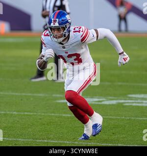 Denver, Colorado, États-Unis. 19 octobre 2025 : Jalin Hyatt (13 ans), receveur des Giants de New York, suit un parcours dans la seconde moitié du match de football entre les Broncos de Denver et les Giants de New York. Derek Regensburger/CSM. Crédit : Cal Sport Media/Alamy Live News Banque D'Images