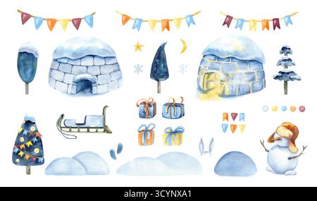Ensemble d'objets de Noël igloo, guirlande de drapeau festif, bonhomme de neige, boîte cadeau, traîneau, arbre décoré, déneigement. Éléments enneigés du nouvel an. Clip art isolé Banque D'Images