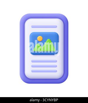 Écran violet de smartphone avec icône de galerie de photos. Contenu numérique, application multimédia, interface mobile, multimédia et concept de réseau social. icône de vecteur 3d. Illustration de Vecteur