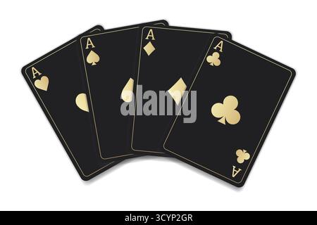 Carte de poker sombre avec des symboles d'or métallique, jeu de cartes. Collection quatre as noirs costumes. bêche, cœur, club et diamant. Cartes à jouer élégantes. Élément de conception de jeu de casino de luxe. Illustration vectorielle Illustration de Vecteur
