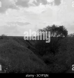 Cette photo d'archive des années 1970 montre un paysage rural spectaculaire près du village de Mayaky, dans l'oblast de Donetsk, en RSS d'Ukraine. L'image montre un ravin profond et ombragé, connu localement sous le nom de « balka », coupant à travers la steppe. Les pentes du ravin sont envahies d'herbes sauvages et d'arbustes denses. En arrière-plan, l'horizon plat du champ rencontre un ciel spectaculaire et nuageux. Cette scène calme et sauvage capture la topographie naturelle unique de la région, un document puissant du Donbass paisible Banque D'Images