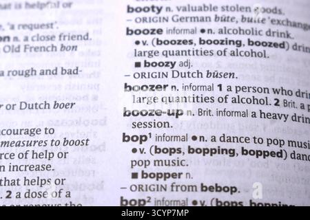 Gros plan de la page dictionnaire anglais avec Word - booze-up Banque D'Images
