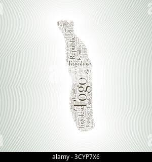 Forme Togo formée par le nom du pays en plusieurs langues. Frontière Togo sur fond dégradé rayé élégant. Affiche vibrante. Illustration de Vecteur