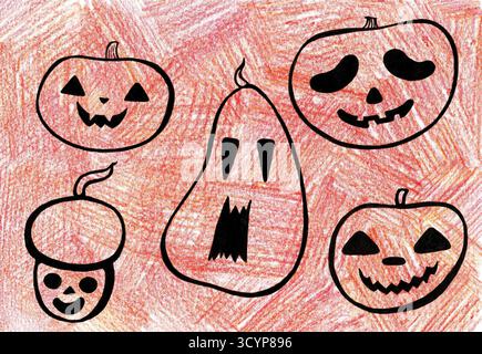Jeu de lanternes Jack o stylisées. Contour noir. Fond rempli de coups de crayons de couleur. Différentes nuances d'orange, rouge, blanc. Toutes les citrouilles ont différentes formes et expressions faciales. Banque D'Images